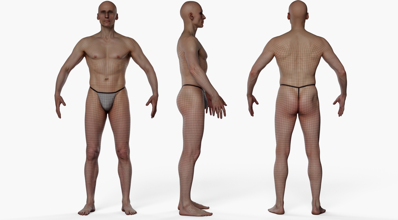 Wireframe topology overlay on a lean athletic male 3D body scan showing clean quad mesh edge loops